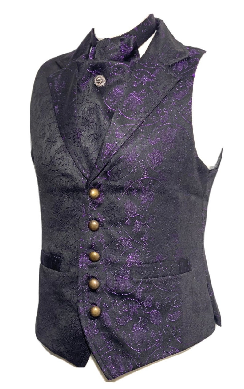 3 pcs Waistcoat outfit Purple/Black Victorian Ivy Brocade Waistcoat With self tie cravat, Tiepin Sizes to fit chest 36,3840,42,44,46 image 5