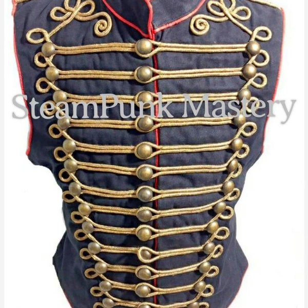 Antique look Steampunk men's Military in Black with Antique Gold Braiding Hussar Waistcoat to fit chest S/38”,M/40”L/42”, XL/ 44",XXL/46”