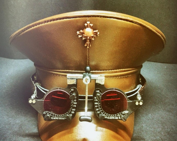 Steampunk brown leather look Military hat with Red lens goggles in 57 and 58cm