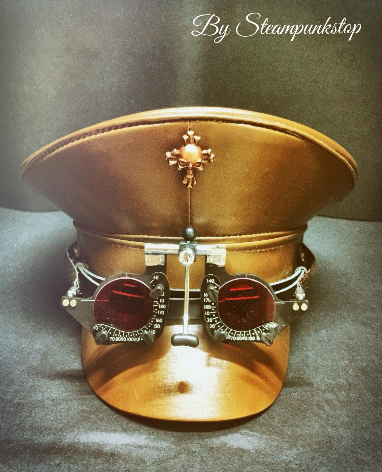 Steampunk Brown Leather Look Military Hat With Red Lens Goggles in 57 ...