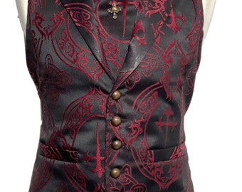 3 pcs Waistcoat outfit Wine/Black Dagger Brocade Waistcoat With self  tie cravat, Tiepin Sizes to fit chest 34”,36”,38”40",42",44",46”