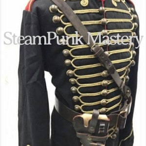 Steampunk 4 pcs Military Army Officers Antique Braiding Hussar Jacket and Genuine leather Cross belt & Gun pouch in size 42,444648 image 5