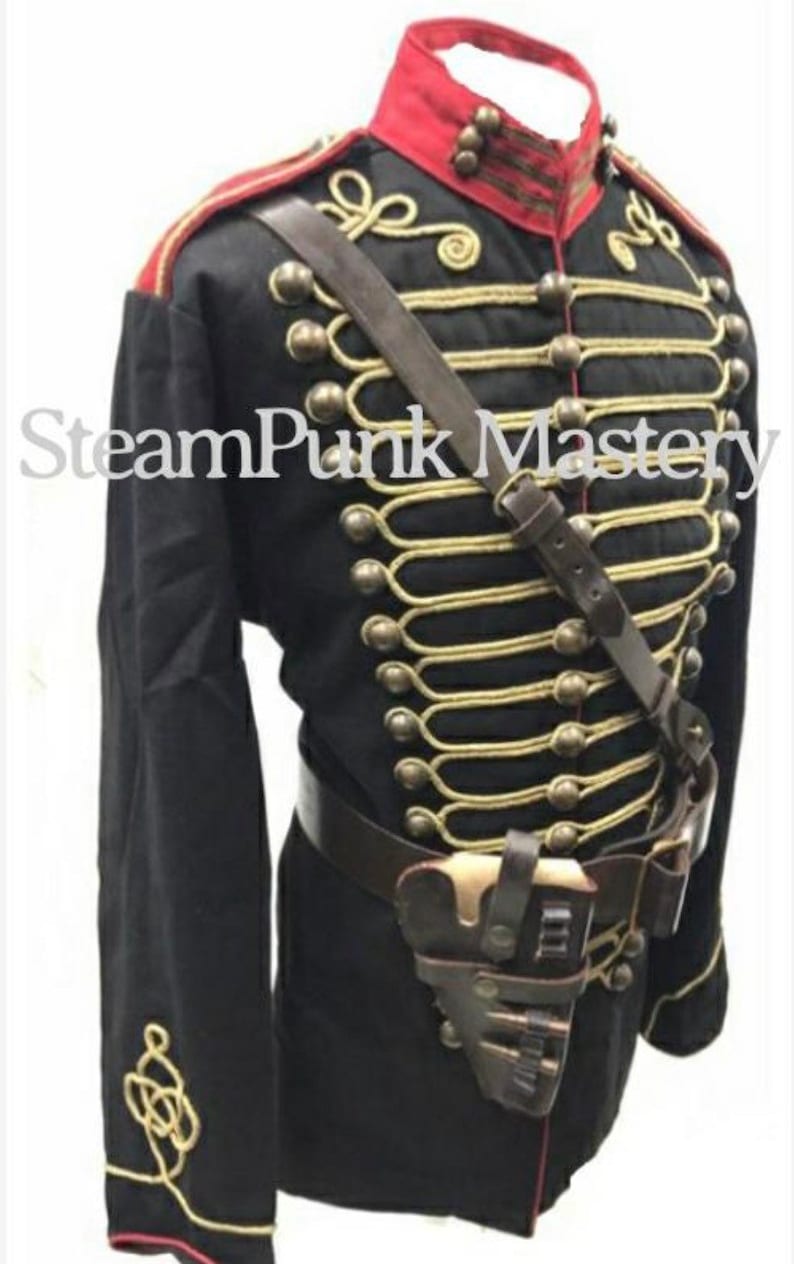 Steampunk 4 pcs Military Army Officers Antique Braiding Hussar Jacket and Genuine leather Cross belt & Gun pouch in size 42,444648 image 5