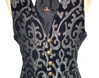 3 pcs Waistcoat outfit Black/Silver Brocade Waistcoat black silk Self tie cravat & Tiepin to fit size chest 42”/L