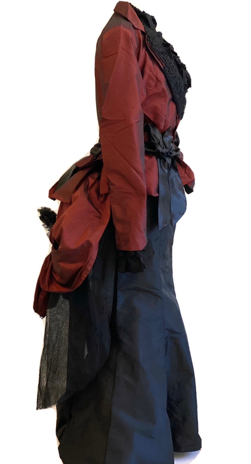 Image of 3 Pcs Women Steampunk Gothic Maroon Wine Victorian Jacket With Back Skirt Bustle & Black Ruffle Shirt To Fit Chest Sizes 36"38"40"