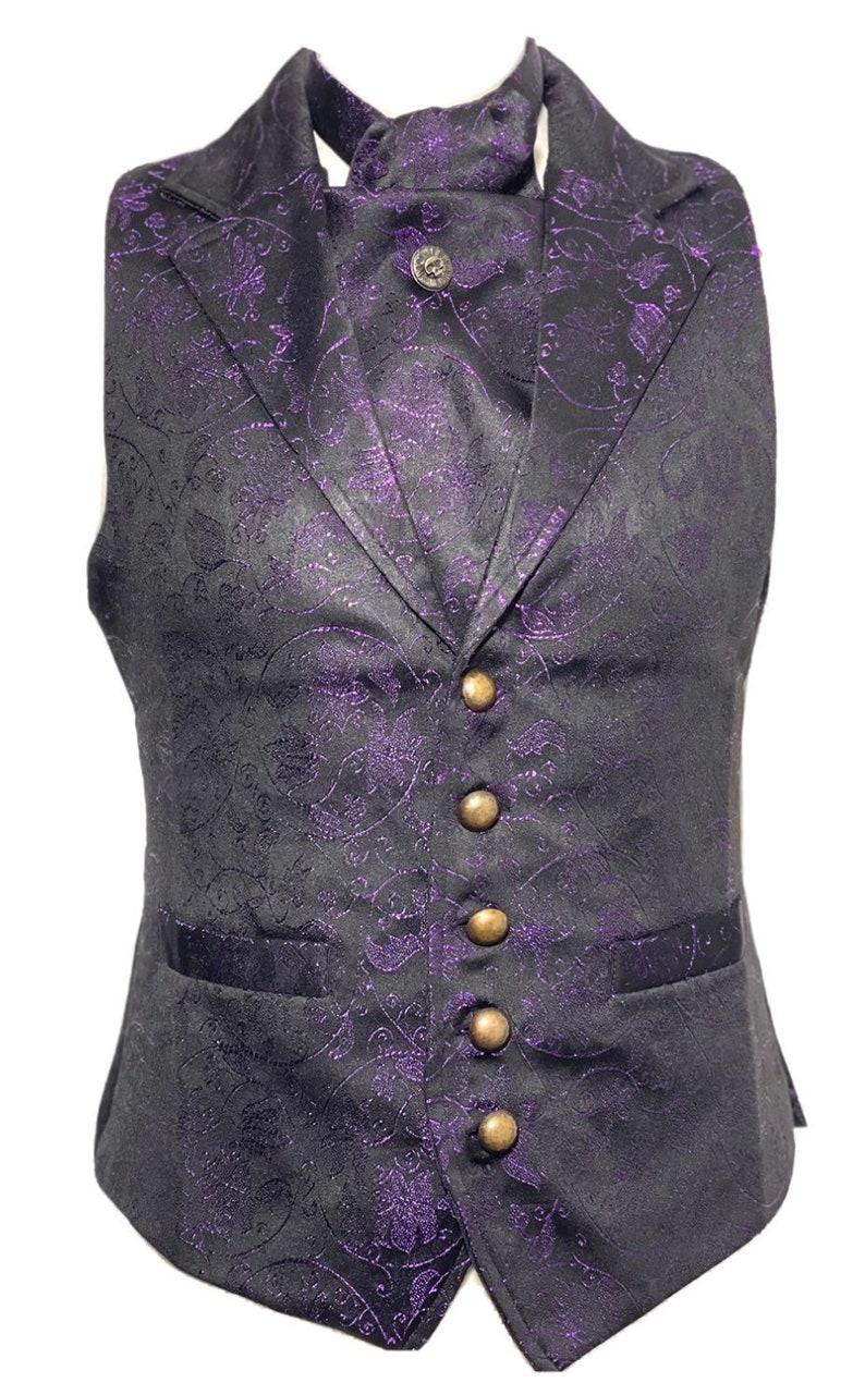 3 pcs Waistcoat outfit Purple/Black Victorian Ivy Brocade Waistcoat With self tie cravat, Tiepin Sizes to fit chest 36,3840,42,44,46 image 4