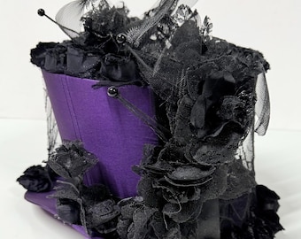Purple wedding gothic Corseted Top Hat with black roses