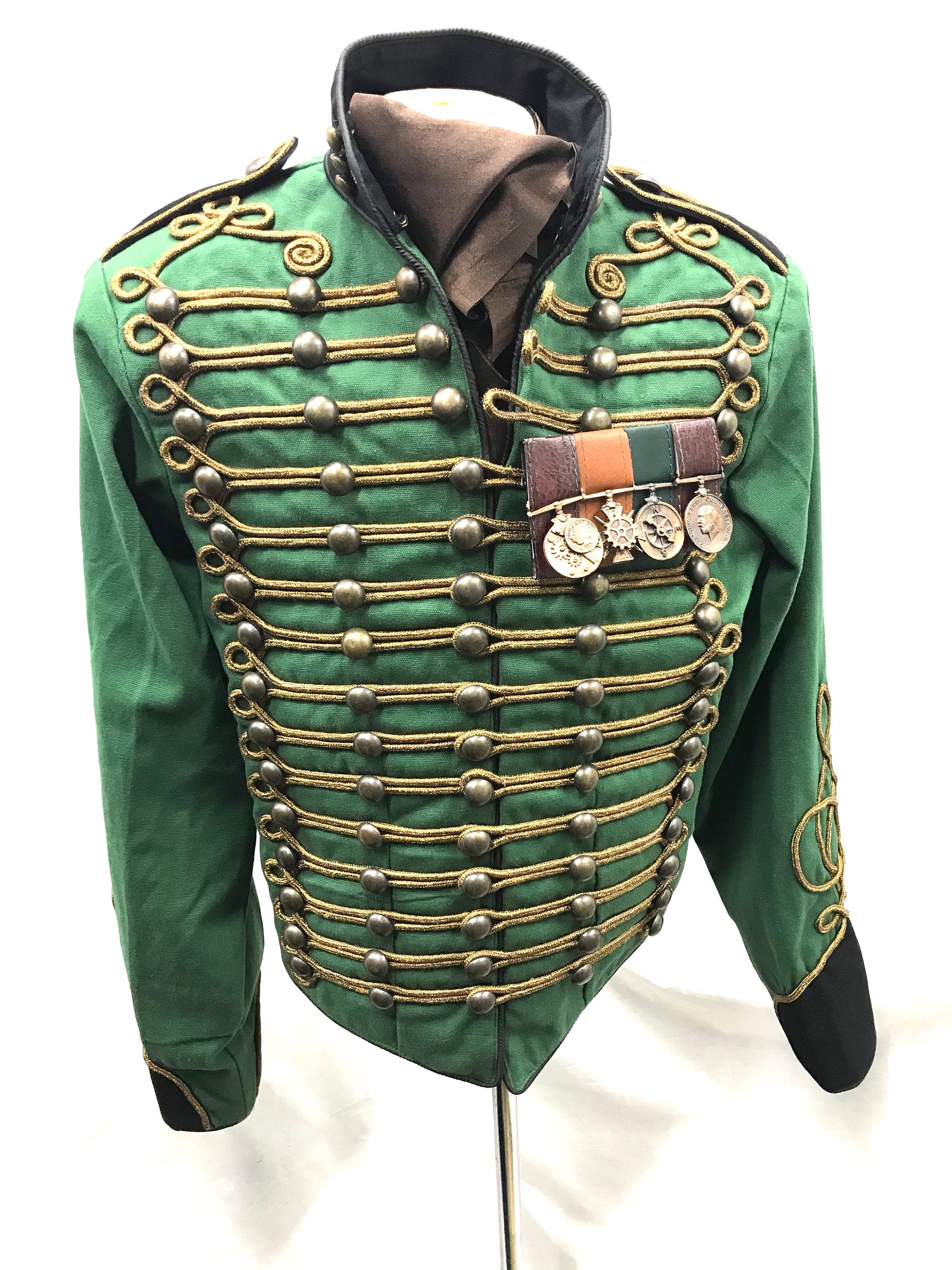 Image of 3Pcs Men"S Military Hussar in Distressed Green/Black Front Antique Gold Braiding On Chest & Back&cuff Size To Fit 42", 44"46"48"
