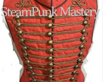 Antique look Steampunk men's Military Army in Royal Red  with Antique Gold Braiding Hussar Waistcoat to fit chest size 38” 40",42",44"