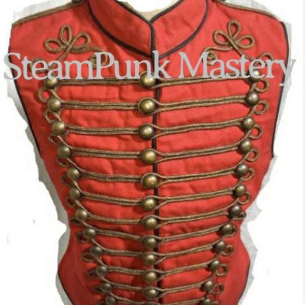 Antique look Steampunk men's Military Army in Royal Red  with Antique Gold Braiding Hussar Waistcoat to fit chest size 38” 40",42",44"