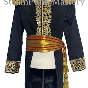 Black nepolenic uniform has collar and sleeves gold  oak leaves embroidered with sash,heavy bullion gold eppaulates including