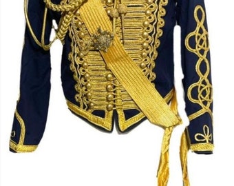 Navy Blue Hussar Jacket: Gold Braid, Aiguillette, Sash, Medals (6 pcs)