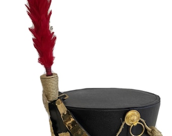 Black Hussar General Shako Helmet: Gold Bullion Details, Red Feather