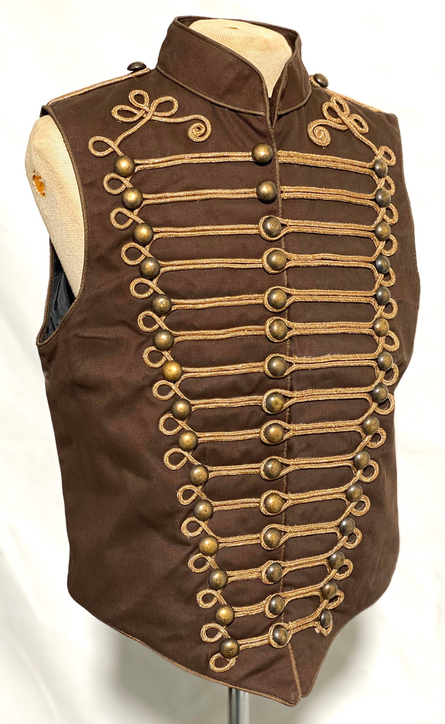 Image of Antique Look Steampunk Men's Military Army in Dull Brown With Gold Braiding Hussar Waistcoat To Fit Chest Size 40", 42", 44", 46"