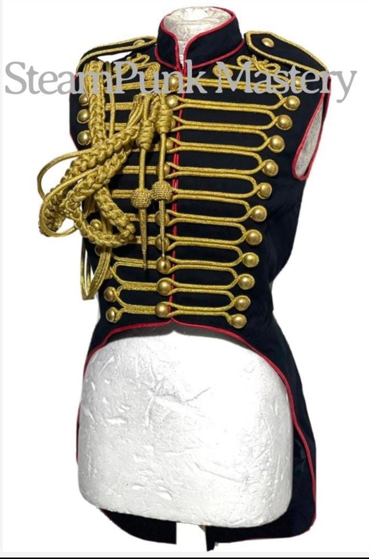 Women's Ringmaster Tailcoat: Black & Red Hussar Waistcoat with Gold Braiding