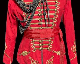 Red with black  Hussar Jacket with heavy black wire eppaulates,matching black Aiguillettes and waist Sash to fit chest 40”42”44”46”