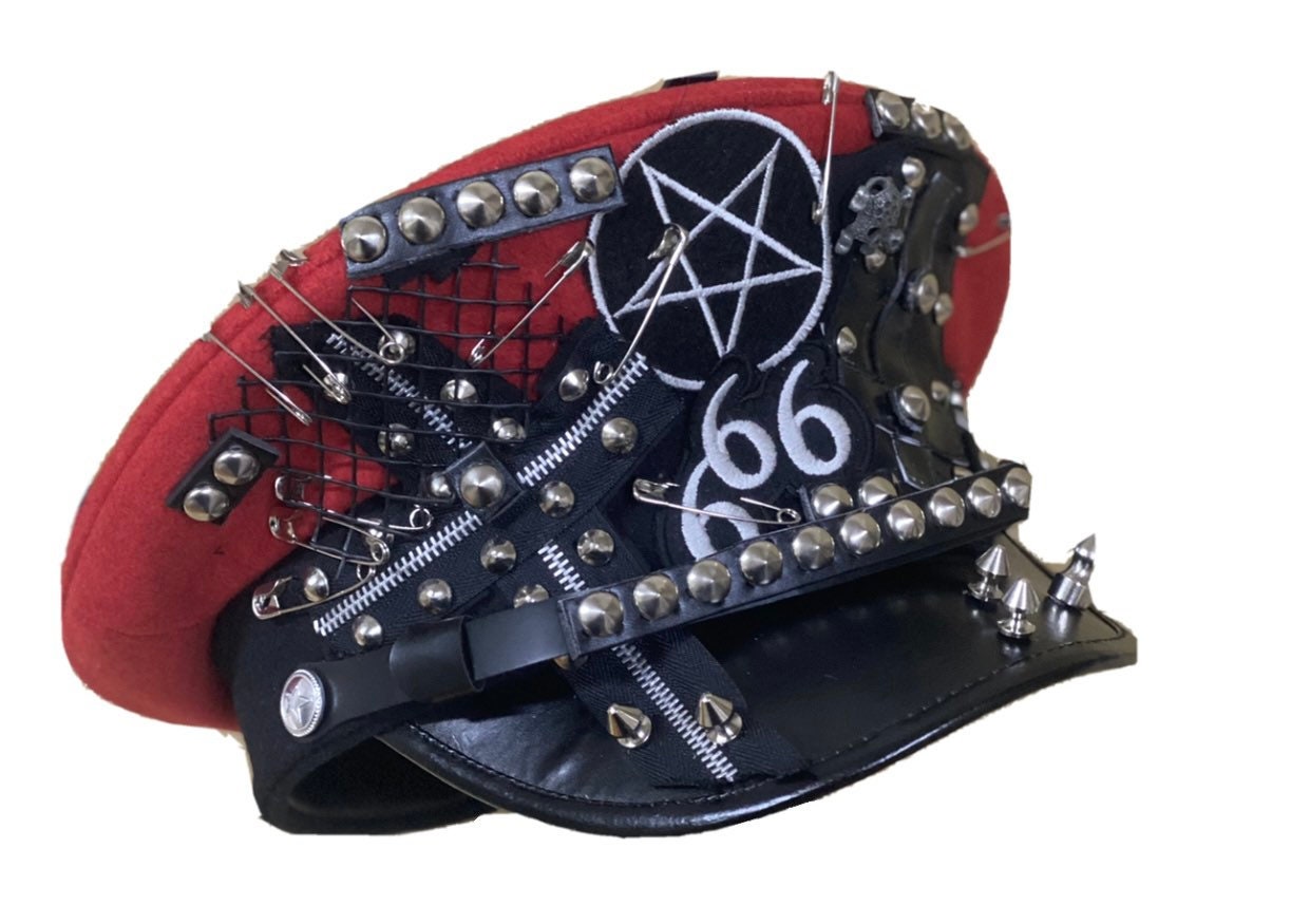 Gothic punk Red Military hat with patchesstuds Etsy