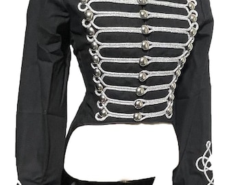 May include: A black military-style jacket with silver buttons and trim. The jacket has a long tail in the back and a stand-up collar.