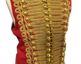 Ceremonial Military Army  Red with Gold Braiding Hussar Waistcoat with Brass Buttons to fit chest size 38/40” S, 40"M, 42”L, 44”XL