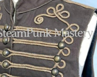 Antique look Steampunk men's Military Army in Dull Brown with Antique Gold Braiding Hussar Waistcoat to fit chest size 40",42",44",46”