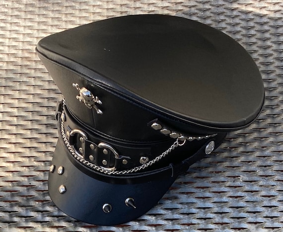 Industrial Punk Black Leatheret Hat With Chains and Metals