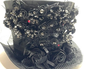 Steampunk Black Silk Top Hat: Handmade Roses & Jewels (55, 56cm)