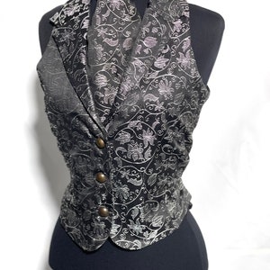 2 pcs women waistcoat outfit silver/Black  Victoria ivy Brocade Waistcoat ,Matching Self tie cravat to fit bust 32”,34”,36”38”40”