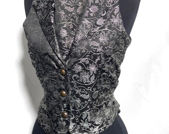 2 pcs women waistcoat outfit silver/Black  Victoria ivy Brocade Waistcoat ,Matching Self tie cravat to fit bust 32”,34”,36”38”40”