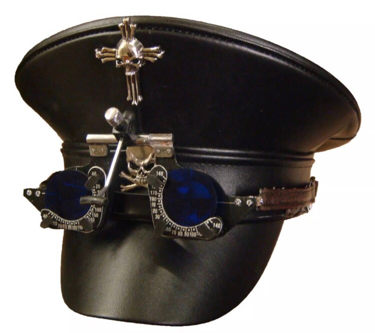 帽子 no roll military hat Steampunk Black Leather Look Military Hat With Blue Lens