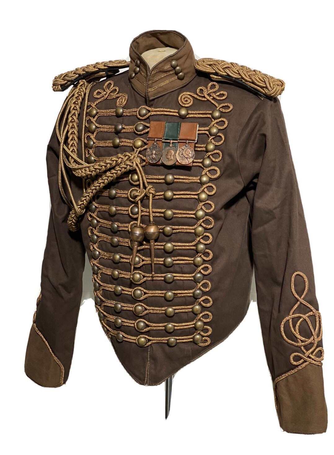Image of steampunk 4 Pcs Army Officers Antique Braiding Hussar Jacket & Antique Look Shoulder Accessories & Medals Size 42", 44"46"To Fit