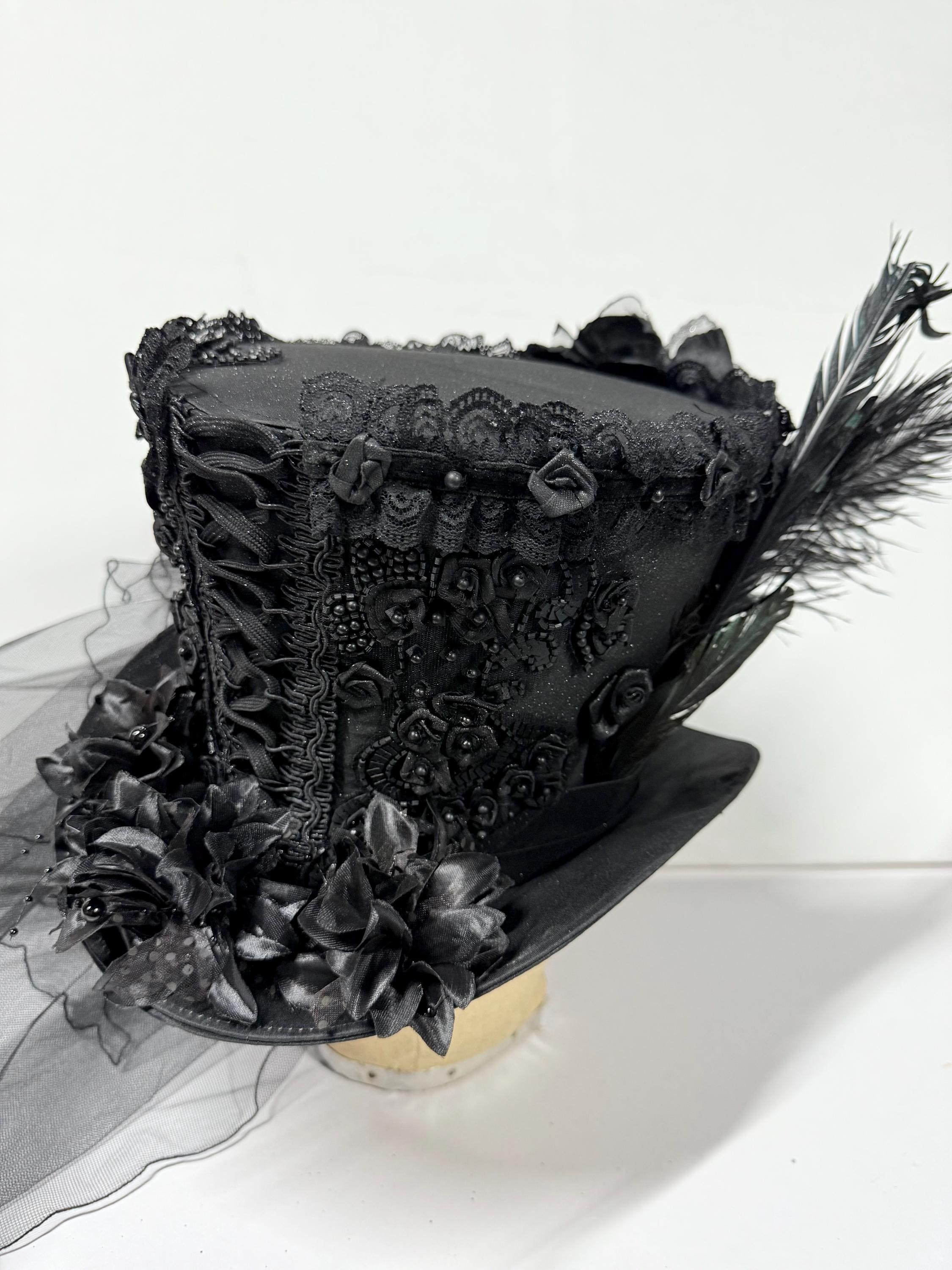 Gothic Black Corseted Top Hat Black Feathers Black Lace & Flowers
