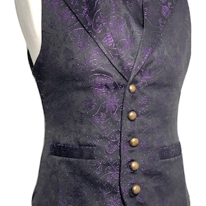 3 pcs Waistcoat outfit Purple/Black Victorian Ivy Brocade Waistcoat With self  tie cravat, Tiepin Sizes to fit chest 36”,38”40",42",44",46”