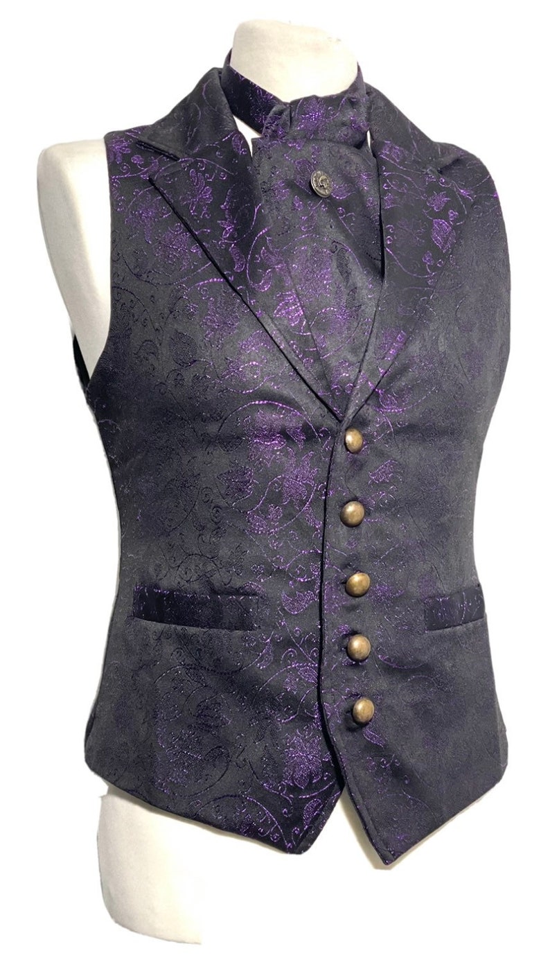 3 pcs Waistcoat outfit Purple/Black Victorian Ivy Brocade Waistcoat With self tie cravat, Tiepin Sizes to fit chest 36,3840,42,44,46 image 1