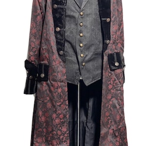 3 pcs maroon/black Dracula style long coat with with black waistcoat and cravat to fit Chest size 42”