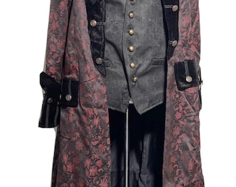Kastanienbrauner Mantel-Set im Dracula-Stil: Samt Revers, Brokat-Weste, Seiden-Halstuch (Brustumfang 102 cm)