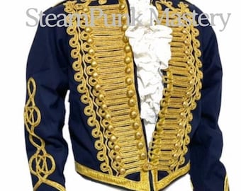 May include: A navy blue jacket with gold braid trim and buttons. The jacket has a stand-up collar and long sleeves. The sleeves have gold braid trim and a decorative design.