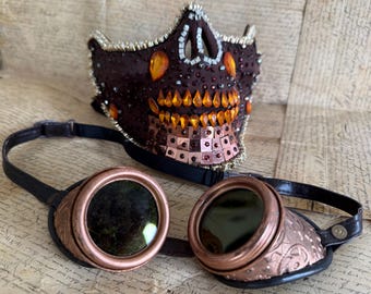 Steampunk koperen maskerset met juwelen en metalen uitrustingsbril met zelfreliëf en lens