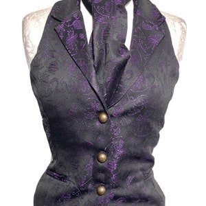 2 Pcs Women Waistcoat Outfit Purple black Victoria Ivy Brocade Waistcoat matching Self Tie Cravat to Fit Bust 32 34 3638 Etsy