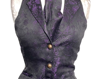 2 pcs women waistcoat outfit purple/Black Victoria ivy Brocade Waistcoat ,Matching Self tie cravat to fit bust 32”,34”,36”38”