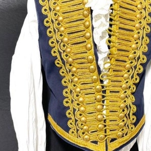 2pc outfit ceremonial Military Army Navy with Gold Braiding Hussar Waistcoat & Elaborate cotton ruffle shirt to fit size 40", 42”,44”,46”