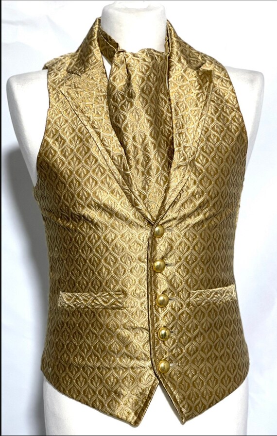 3 Pcs Waistcoat Gold with Beige Brocade Waistcoat ,Matching Mask Self Tie Cravat and in 3 Sizes Fit Chest 36\