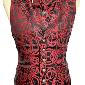 Gilet 3 pezzi Rosso/Nero Disegni di filo spinato in broccato Gilet con lo stesso tessuto Cravatta fermacravatta, per adattarsi a 40", 42,44", 46"