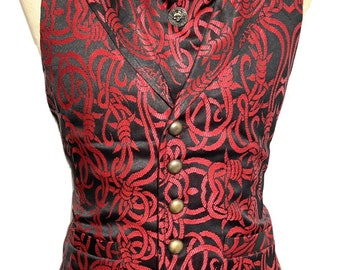 3 pcs Waistcoat Red/Black Brocade barbwire designs Waistcoat with same fabric Self cravat Tiepin, to fit 40",42,44",46”