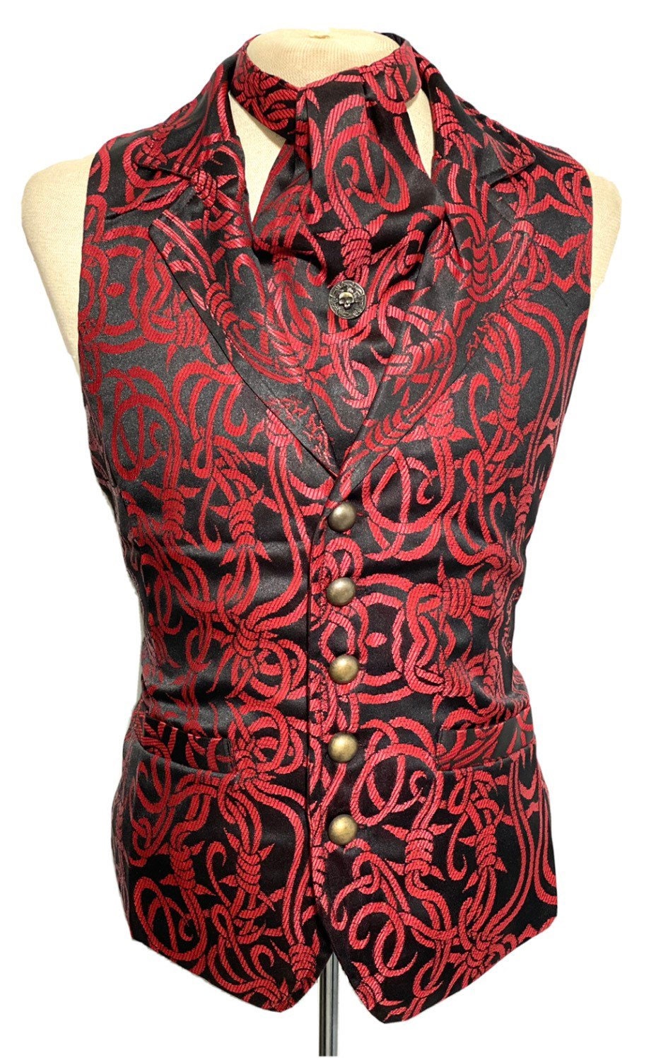 Image of 3 Pcs Waistcoat Red/Black Brocade Barbwire Designs With Same Fabric Self Cravat Tiepin, Magnify To Fit 40", 42, 44", 46"