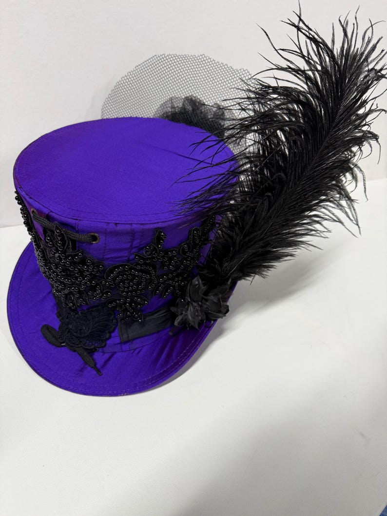 Pu&ograve; includere: Un cappello a cilindro viola con abbellimenti neri e una grande piuma nera. Il cappello presenta un design in pizzo nero alla base e un velo nero. Un accessorio unico.