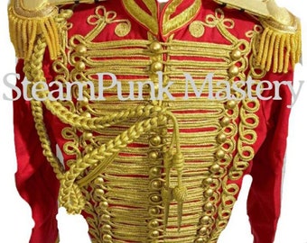 Mens General Hussar Red Jacket with gold cord braids at front back & sleeves with brass buttons to fit chest size to fit size 42”44”46”