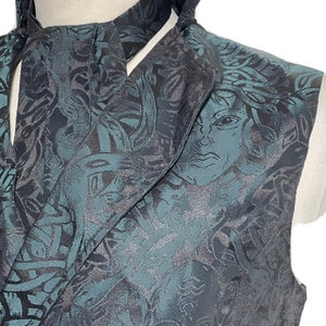 Steampunk gothic Teal green double breast Medusa design Brocade Waistcoat & Matching Self tie cravat