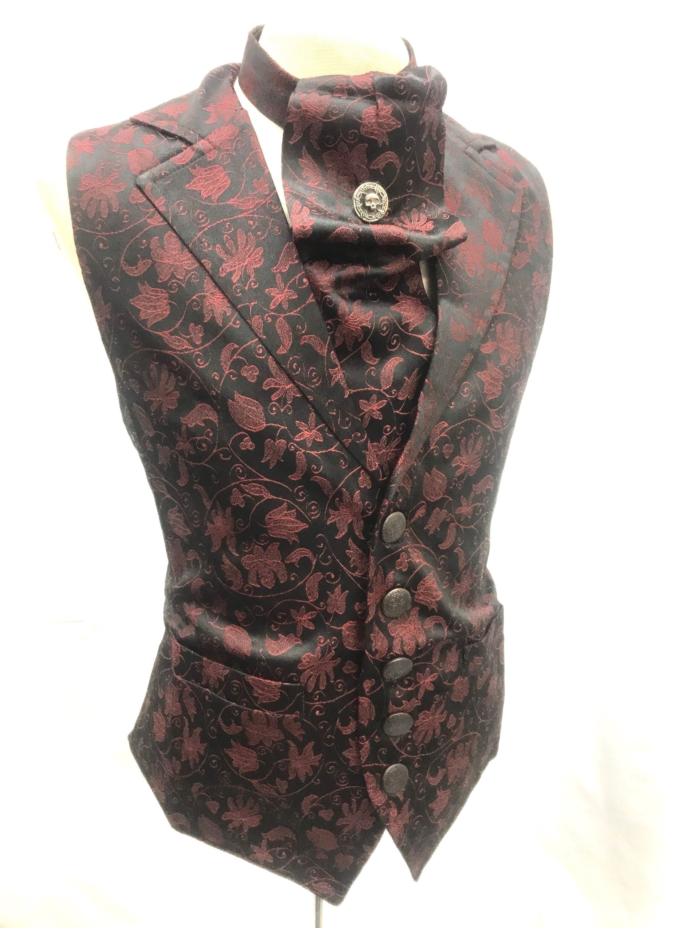 3 pcs Waistcoat outfit Wine/Black Brocade Waistcoat ,Matching Self tie cravat and silver Tiepin in 4 Sizes  fit chest 36” 38”40&quot;,42&quot;,44&quot;,46&quot;