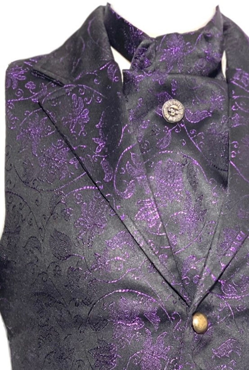 3 pcs Waistcoat outfit Purple/Black Victorian Ivy Brocade Waistcoat With self tie cravat, Tiepin Sizes to fit chest 36,3840,42,44,46 image 3