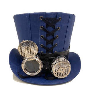 Steampunkblauwe leerlook scharnierbril Hoge hoed met industriële bril van 58,59 cm
